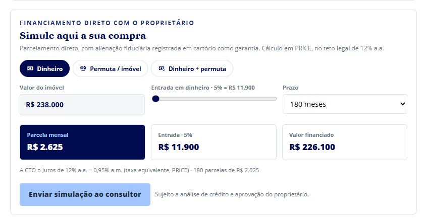 Simulação do Crédito Direto: entrada, prazo de até 180 meses e parcela fixa.